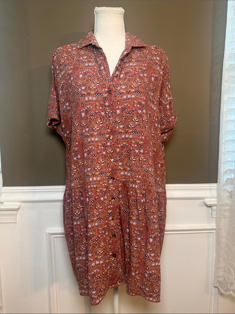 Natural Life Boho Shirt Dress S/M Oversized Rayon Babydoll Mini